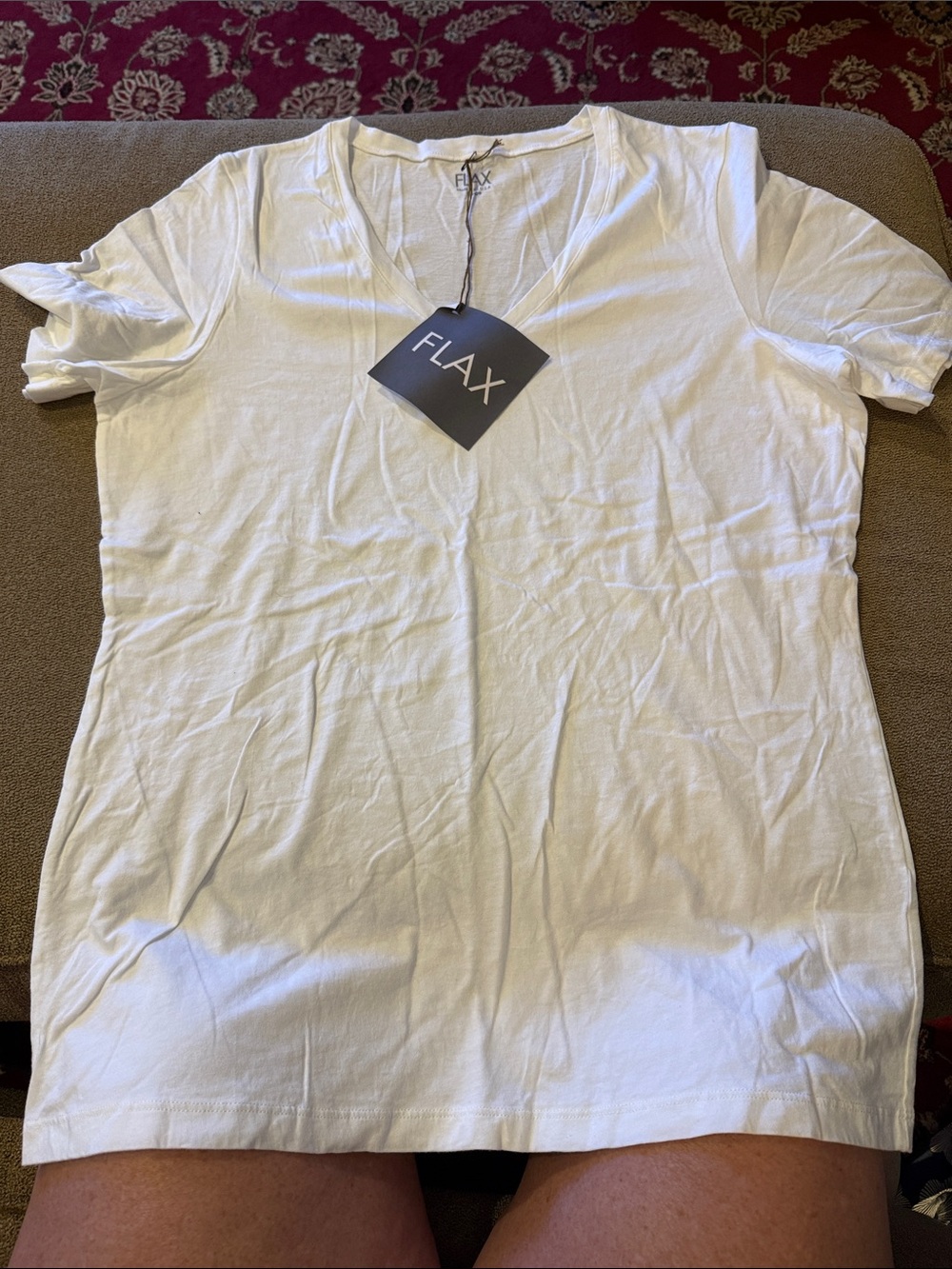 New Flax Size Large Cotton White T-Shirt V-Neck Top (TD)